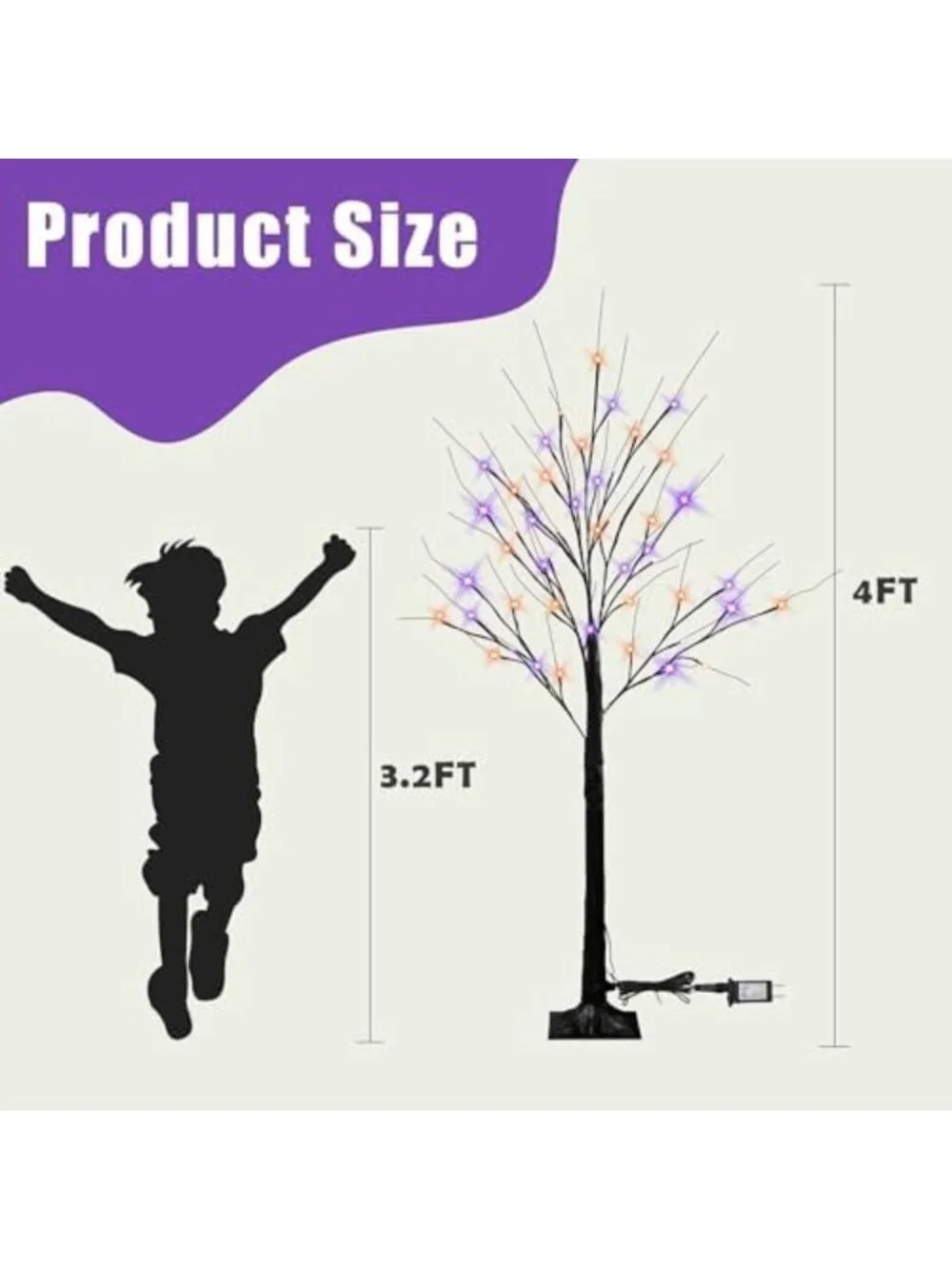2 Pack 4FT Lighted Birch Trees with 96 LED Purple & Orange Fairy Lights, Timer